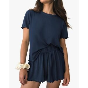 Ekouer Women‎ Navy Blue Ribbed Lettuce Trim Pajama Set Top Shorts M